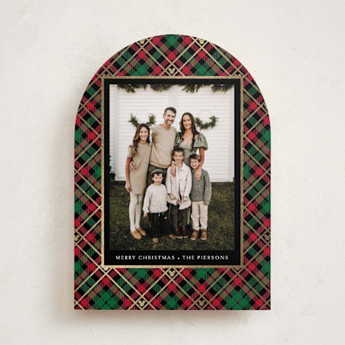 This is a holiday flannel foil pressed holiday cards with foil pressed by Erin Deegan called disney tartan plaid printing on recycled smooth signature in standard