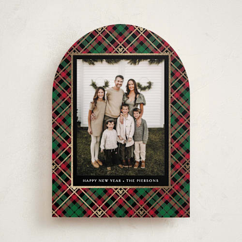 This is a holiday flannel foil pressed holiday cards with foil pressed by Erin Deegan called disney tartan plaid printing on recycled smooth signature in standard