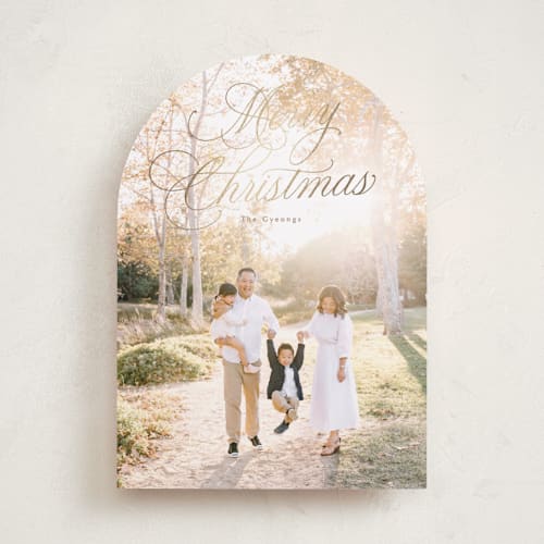 This is a golden foil pressed holiday cards with foil pressed by Rebecca Durflinger called christmas splendor printing on recycled smooth signature in standard