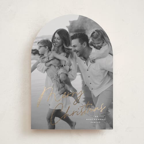 This is a snowflake foil pressed holiday cards with foil pressed by Wildfield Paper Co called signature printing on recycled smooth signature in standard