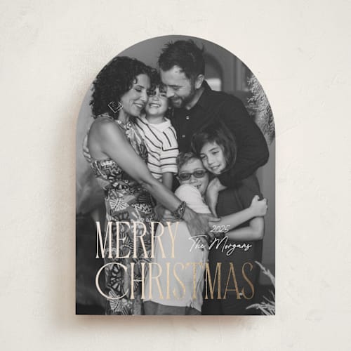 This is a halo foil pressed holiday cards with foil pressed by Kacey Kendrick Wagner called merry embrace printing on recycled smooth signature in standard