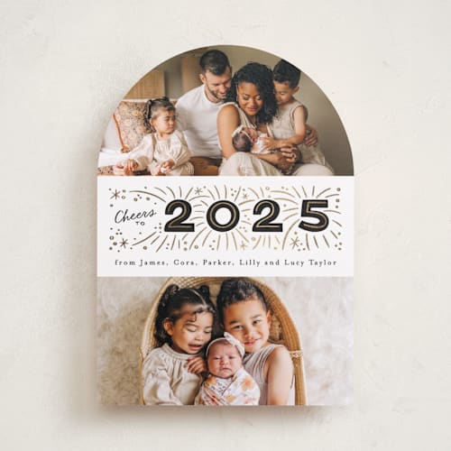 This is a noir foil pressed holiday cards with foil pressed by Alethea and Ruth called middle banner printing on recycled smooth signature in standard