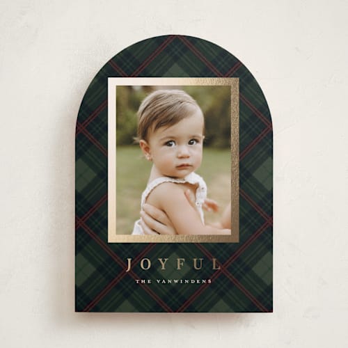 This is a pine foil pressed holiday cards with foil pressed by Olivia Kanaley Inman called balmoral green printing on recycled smooth signature in standard