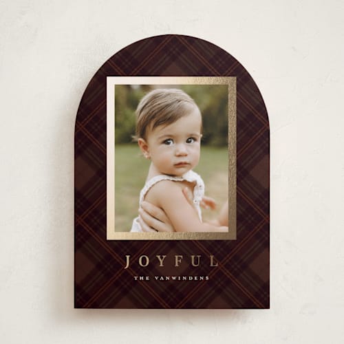 This is a cranberry foil pressed holiday cards with foil pressed by Olivia Kanaley Inman called balmoral green printing on recycled smooth signature in standard