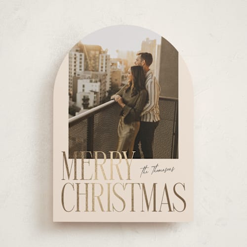 This is a eggnog foil pressed holiday cards with foil pressed by Ekko Studio called merry stack printing on recycled smooth signature in standard