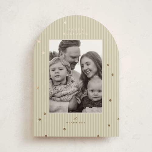 This is a olive foil pressed holiday cards with foil pressed by Ellen Schlegelmilch called tiny polka dots printing on recycled smooth signature in standard