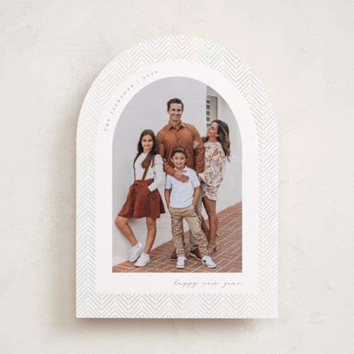This is a tinsel gloss press holiday cards with gloss press by Olivia Raufman called delicate chevron printing on recycled smooth signature in standard