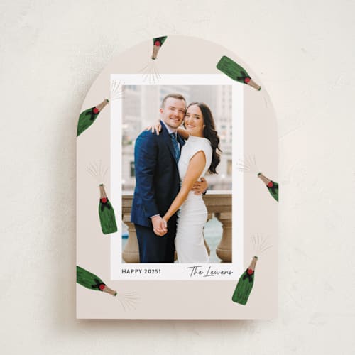 This is a eggnog new year photo cards with standard by Shari Margolin called popping bottles printing on recycled smooth signature in standard