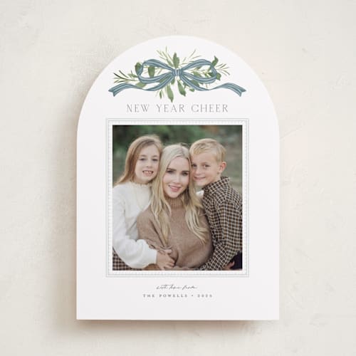 This is a blue jay new year photo cards with standard by Everett Paper Goods called greenery swag printing on recycled smooth signature in standard