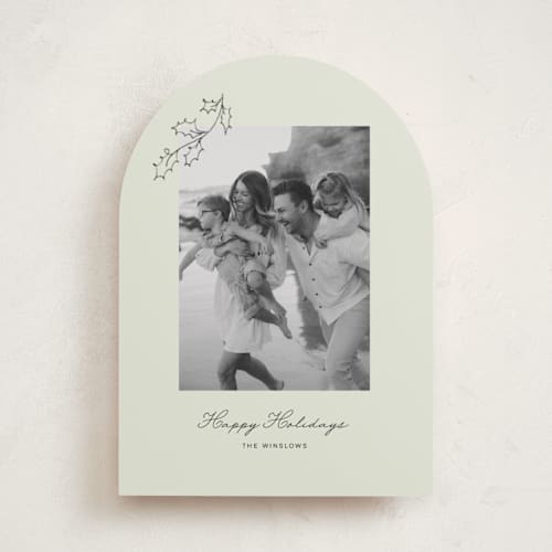 This is a lime holiday photo cards with standard by Angela Garrick called hung holly printing on recycled smooth signature in standard