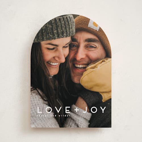 This is a snow holiday photo cards with standard by Kate Ross called love joy printing on recycled smooth signature in standard