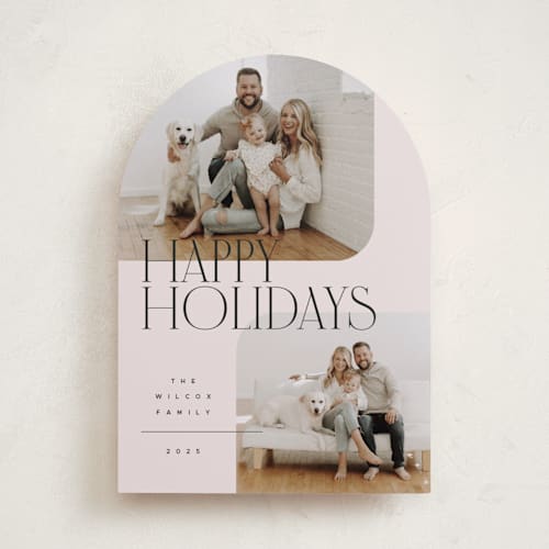 This is a linen holiday photo cards with standard by Kelly Schmidt called happy overlay printing on recycled smooth signature in standard