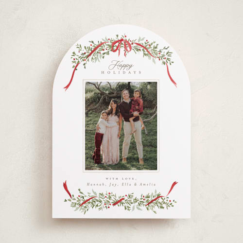 This is a holly holiday photo cards with standard by Everett Paper Goods called boughs of pine printing on recycled smooth signature in standard