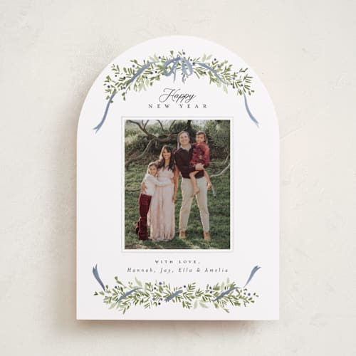 This is a blue spruce holiday photo cards with standard by Everett Paper Goods called boughs of pine printing on recycled smooth signature in standard