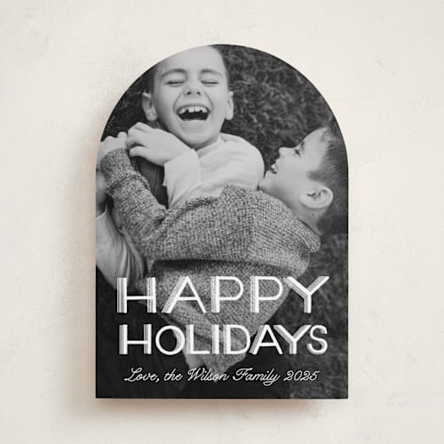 This is a snow holiday photo cards with standard by Becky Nimoy called happy holidays retro lettering printing on recycled smooth signature in standard