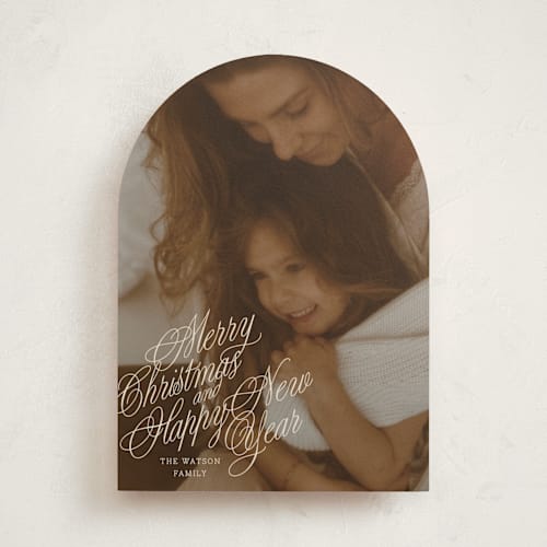 This is a champagne holiday photo cards with standard by Baumbirdy called scripted note printing on recycled smooth signature in standard
