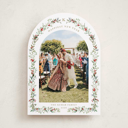 This is a crimson holiday photo cards with standard by Susan Moyal called petite botanicals printing on recycled smooth signature in standard