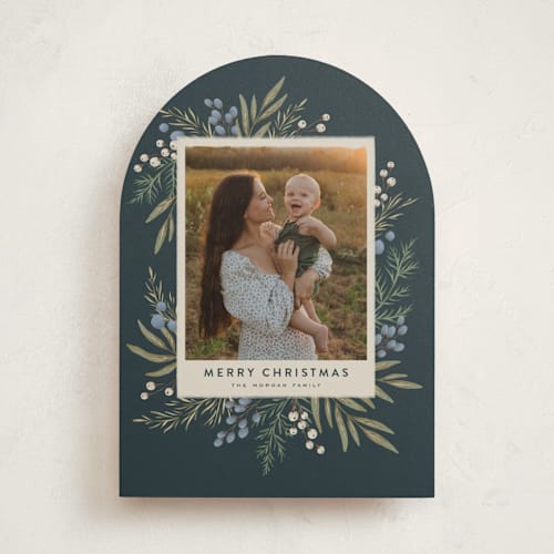 This is a juniper holiday photo cards with standard by Wildfield Paper Co called holly + olive printing on recycled smooth signature in standard