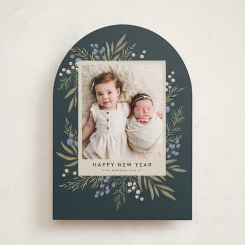This is a juniper holiday photo cards with standard by Wildfield Paper Co called holly + olive printing on recycled smooth signature in standard