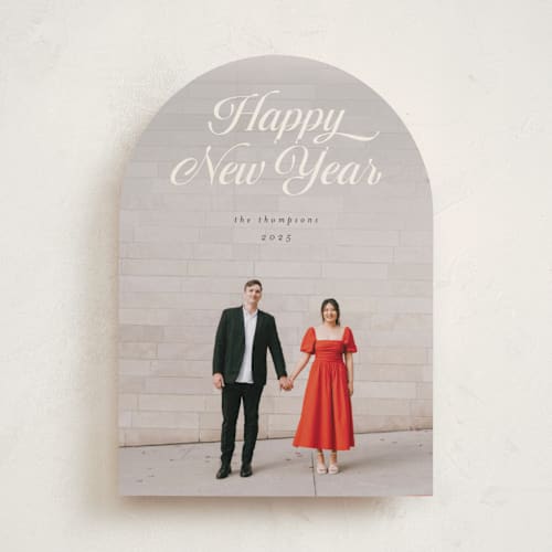 This is a champagne holiday photo cards with standard by Morgan Kendall called ribbon printing on recycled smooth signature in standard