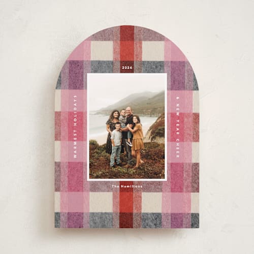 This is a cranberry holiday photo cards with standard by Carrie Moradi called cozy checked plaid printing on recycled smooth signature in standard