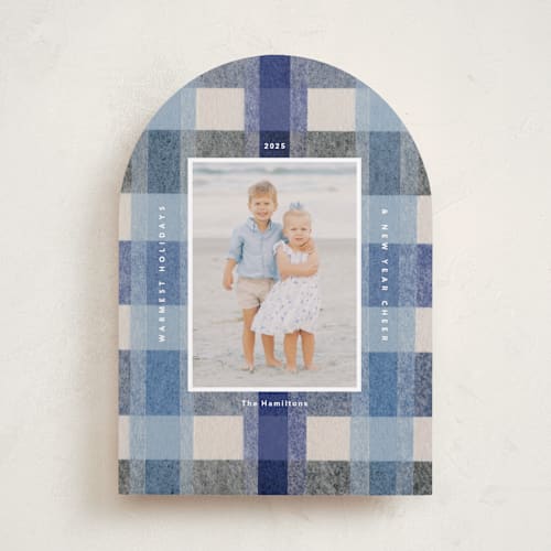 This is a blueberry holiday photo cards with standard by Carrie Moradi called cozy checked plaid printing on recycled smooth signature in standard