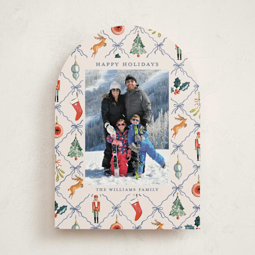 This is a blue spruce holiday photo cards with standard by Sarah Knight called festive icons printing on recycled smooth signature in standard