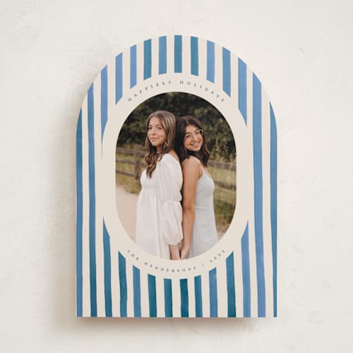 This is a blue jay holiday photo cards with standard by Teju Reval called vintage stripes printing on recycled smooth signature in standard