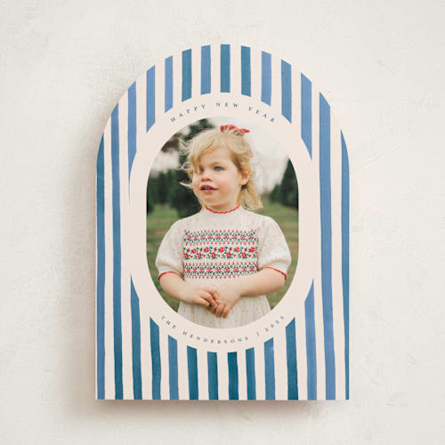 This is a blue jay holiday photo cards with standard by Teju Reval called vintage stripes printing on recycled smooth signature in standard