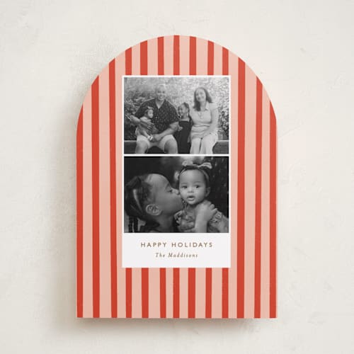 This is a candy cane holiday photo cards with standard by Bethan called striped snaps printing on recycled smooth signature in standard