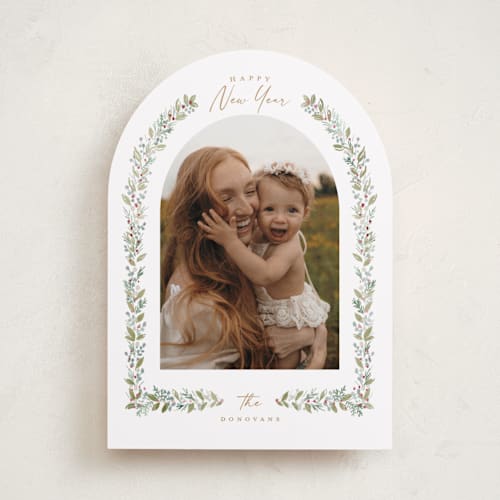 This is a snowflake holiday photo cards with standard by Petra Kern called arched greenery printing on recycled smooth signature in standard