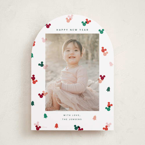 This is a cherry holiday photo cards with standard by Ellen Schlegelmilch called disney's mickey confetti printing on recycled smooth signature in standard
