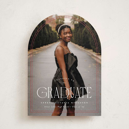 This is a crimson graduation announcements with standard by Carmia Jordaan called brilliant day printing on recycled smooth signature in standard