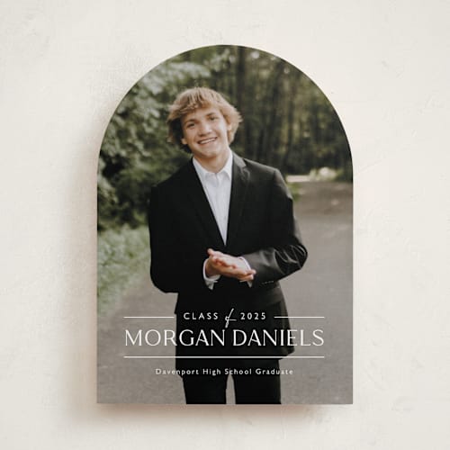 This is a eggshell graduation announcements with standard by Carolyn MacLaren called grad in overlay printing on recycled smooth signature in standard