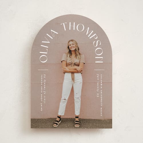This is a opal graduation announcements with standard by Ana Sharpe called arched name printing on recycled smooth signature in standard