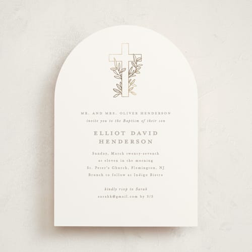 This is a sand baptism and christening announcements with foil pressed by Creo Study called gilded cross printing on signature in standard
