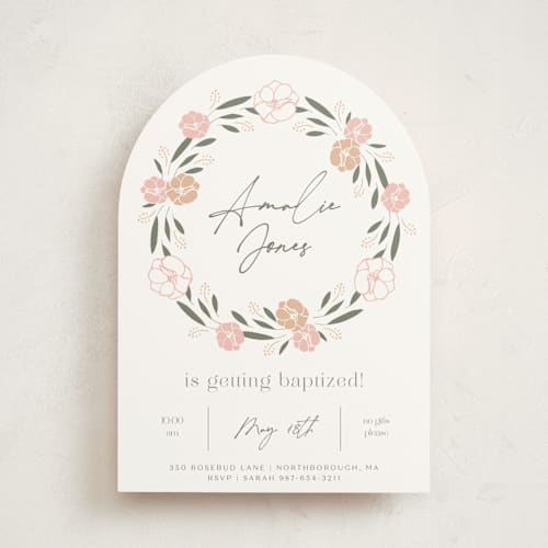 This is a petal baptism and christening announcements with standard by Brittany Braithwaite called floral frame printing on signature in standard