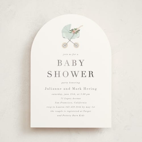 This is a mint foil stamped baby shower invitations with foil pressed by Juliana Zimmermann called love and flowers printing on signature in standard