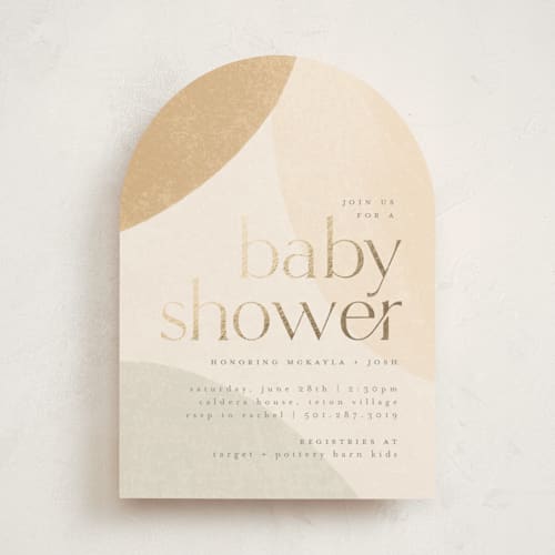 This is a sand foil stamped baby shower invitations with foil pressed by Heather Cairl called pebble printing on signature in standard