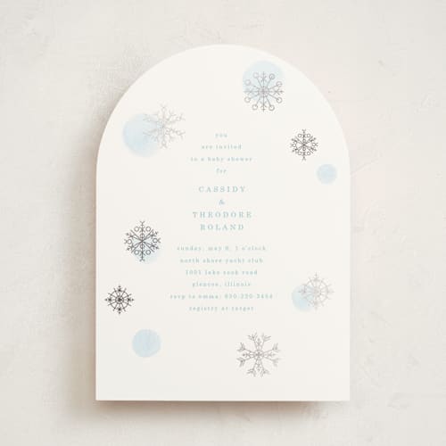 This is a glacier foil stamped baby shower invitations with foil pressed by Baumbirdy called snowflakes printing on signature in standard