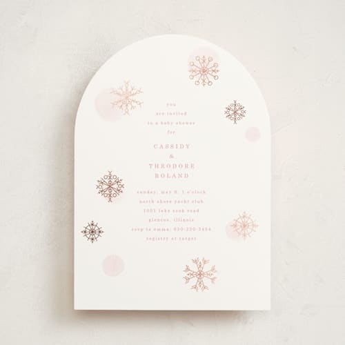 This is a peony foil stamped baby shower invitations with foil pressed by Baumbirdy called snowflakes printing on signature in standard