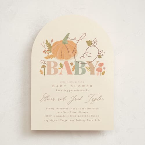 This is a latte foil stamped baby shower invitations with foil pressed by Creo Study called little pumpkin printing on signature in standard