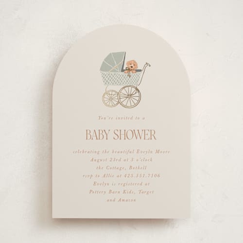 This is a sea fog foil stamped baby shower invitations with foil pressed by Erin Kessler called waiting for a sibling printing on signature in standard