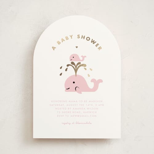 This is a baby pink foil stamped baby shower invitations with foil pressed by mo kelley called baby whale on the way printing on signature in standard