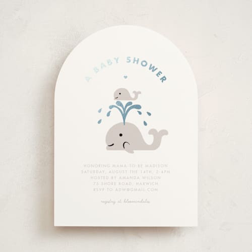 This is a sail foil stamped baby shower invitations with foil pressed by mo kelley called baby whale on the way printing on signature in standard