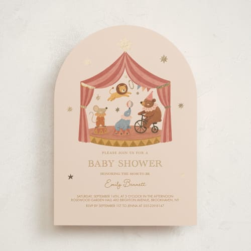 This is a mustard foil stamped baby shower invitations with foil pressed by Rina Ozum called little circus printing on signature in standard