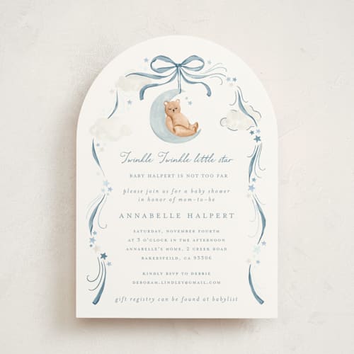 This is a moonlight foil stamped baby shower invitations with foil pressed by Sarah Knight called twinkle twinkle little star printing on signature in standard