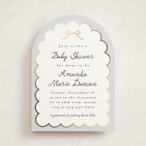 This is a sky foil stamped baby shower invitations with foil pressed by Maria Alou called scallop & little bow printing on signature in standard