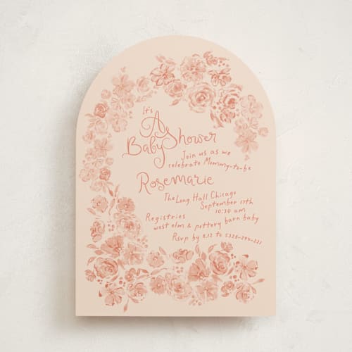 This is a peach baby shower invitations with standard by Phrosné Barwood called paris with love printing on signature in standard