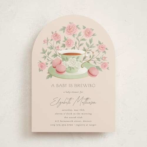 This is a framboise baby shower invitations with standard by Jamie Alexander called a baby is brewing printing on signature in standard